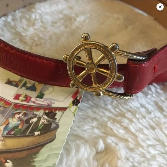 Vintage Red Genuine Leather Novelty Belt With Gold Nautical Ship Wheel Buckle - Picture 3 of 13